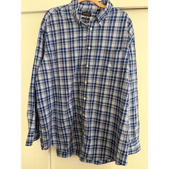 LAUREN RALPH LAUREN BLUE PLAID DRESS SHIRT BUTTON DOWN LONG SLEEVE STRETCH TALL - Picture 1 of 2